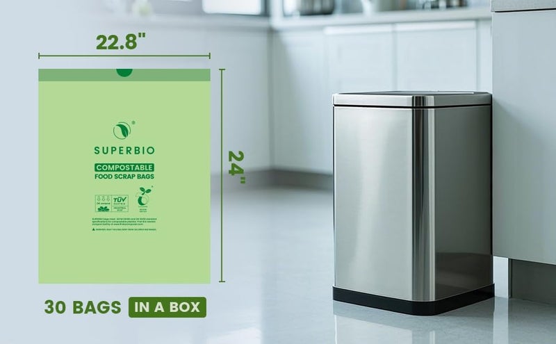SuperBio 8 Gallon Compostable Drawstring Kitchen Waste Bags,30.3 Liter, 30 Count, 1 Mil,Heavy Duty Food Waste Bags, BPI, Seedling and OK compost INDUSTRIAL - Image 4